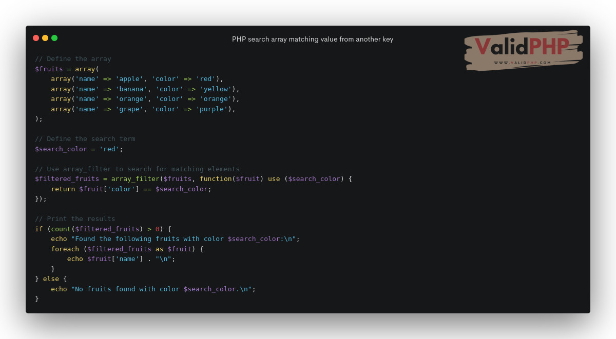 FlipXAds's tweet image. PHP search array matching value from another key
#array_filter() #count() #foreach()
To search an array matching a value from another key in PHP, you can use the array_filter() function.
validphp.com/php-search-arr…