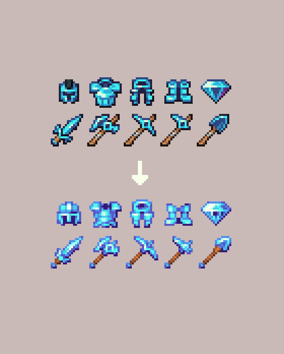 PDonkey43's tweet image. A look at the before and after of my diamond tools, pretty big change in style
#Minecraft #pixelart