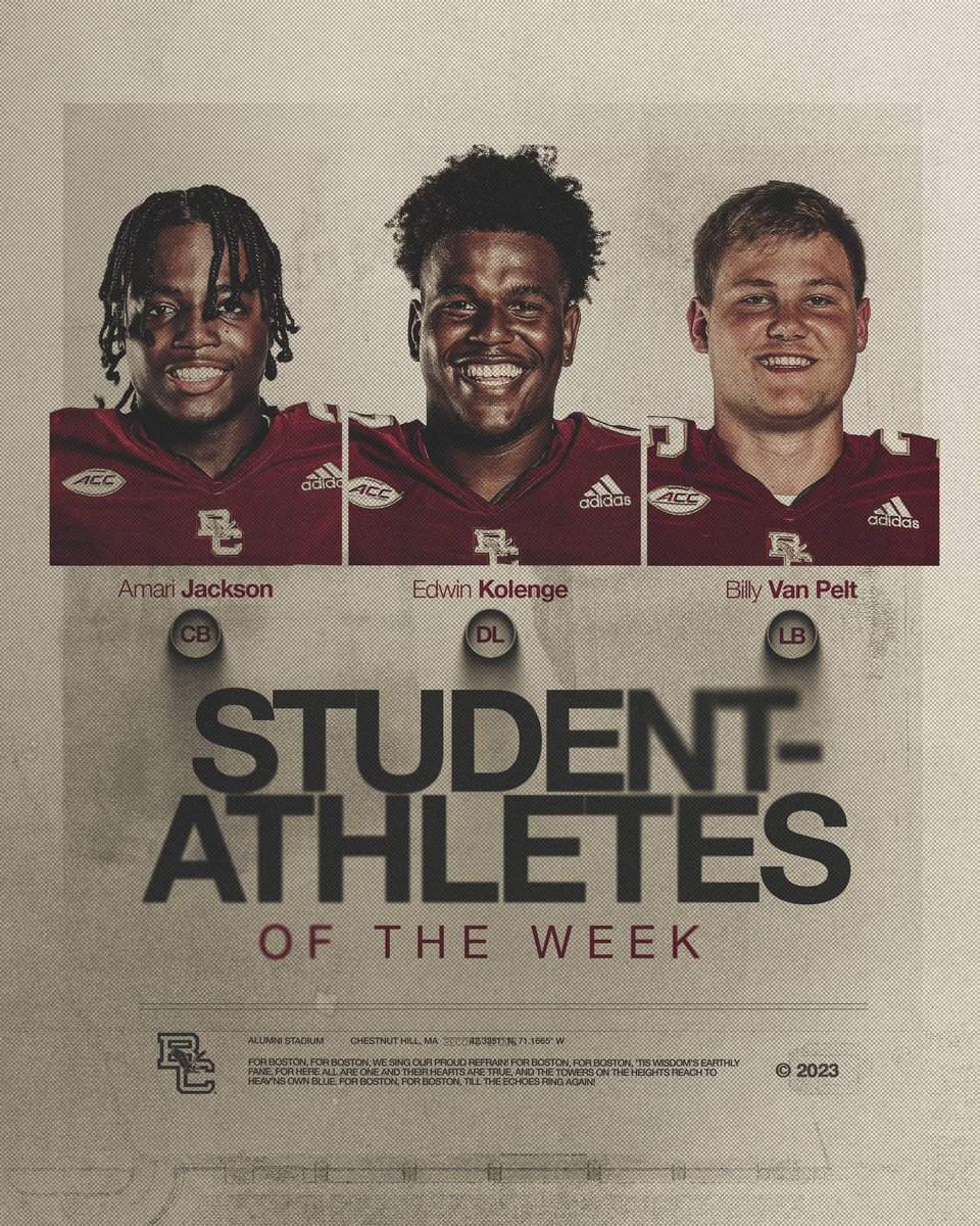 Boston College Football (@BCFootball) on Twitter photo 2023-02-24 13:37:51 Congratulations to our student-athletes of the week! 🦅 CB @Amarjackson1 DL @EdwinTara LB @BillyVanPelt5 Congratulations to our student-athletes of the week! 🦅 CB @Amarjackson1 DL @EdwinTara LB @BillyVanPelt5