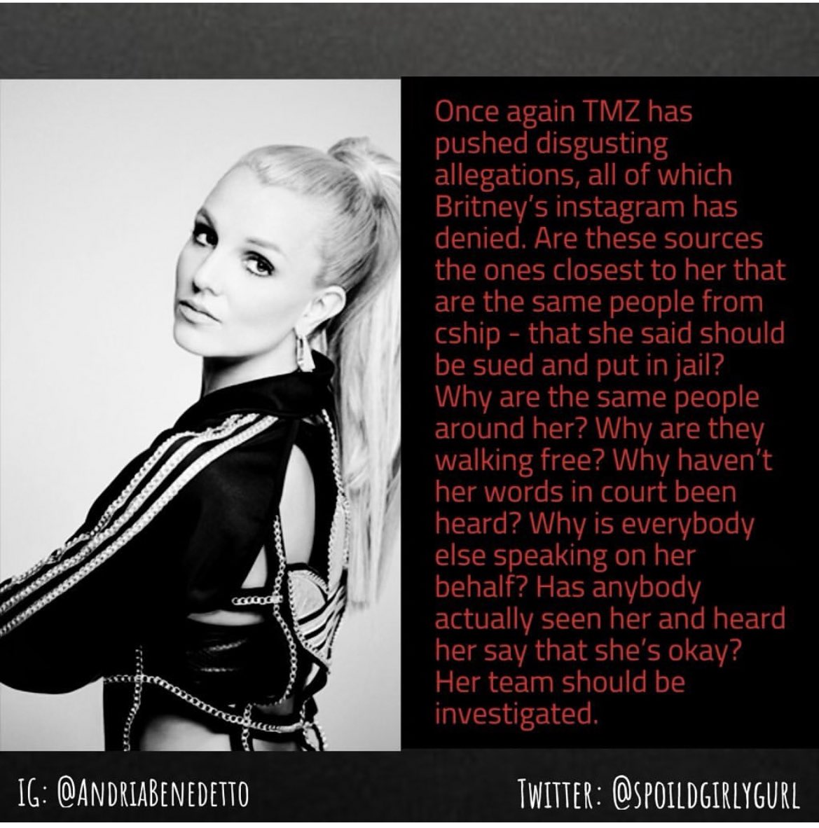 CCJ_pink's tweet photo. Lies r being told by #BritneySpears team and #tmz sources. Who can we trust?Does she have control of her medical decisions? Her Human Rights intact? The public is concerned.
#JusticeForBritney #freebritneyfriday @GavinNewsom
@TheJusticeDept @TuckerCarlson
@LeahRemini
@IGGYAZALEA https://t.co/DahROJc9Rn