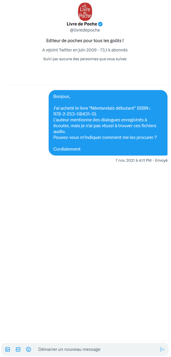 jam__bou's tweet photo. @livredepoche Bonjour, merci pour votre retour.
C'est ce que j'avais fait le 7 novembre 2021, le même jour où je vous avais envoyé un message privé.
Toujours pas de retour... Je retente ma chance ? 😀 https://t.co/pJ2qr2Ujw9