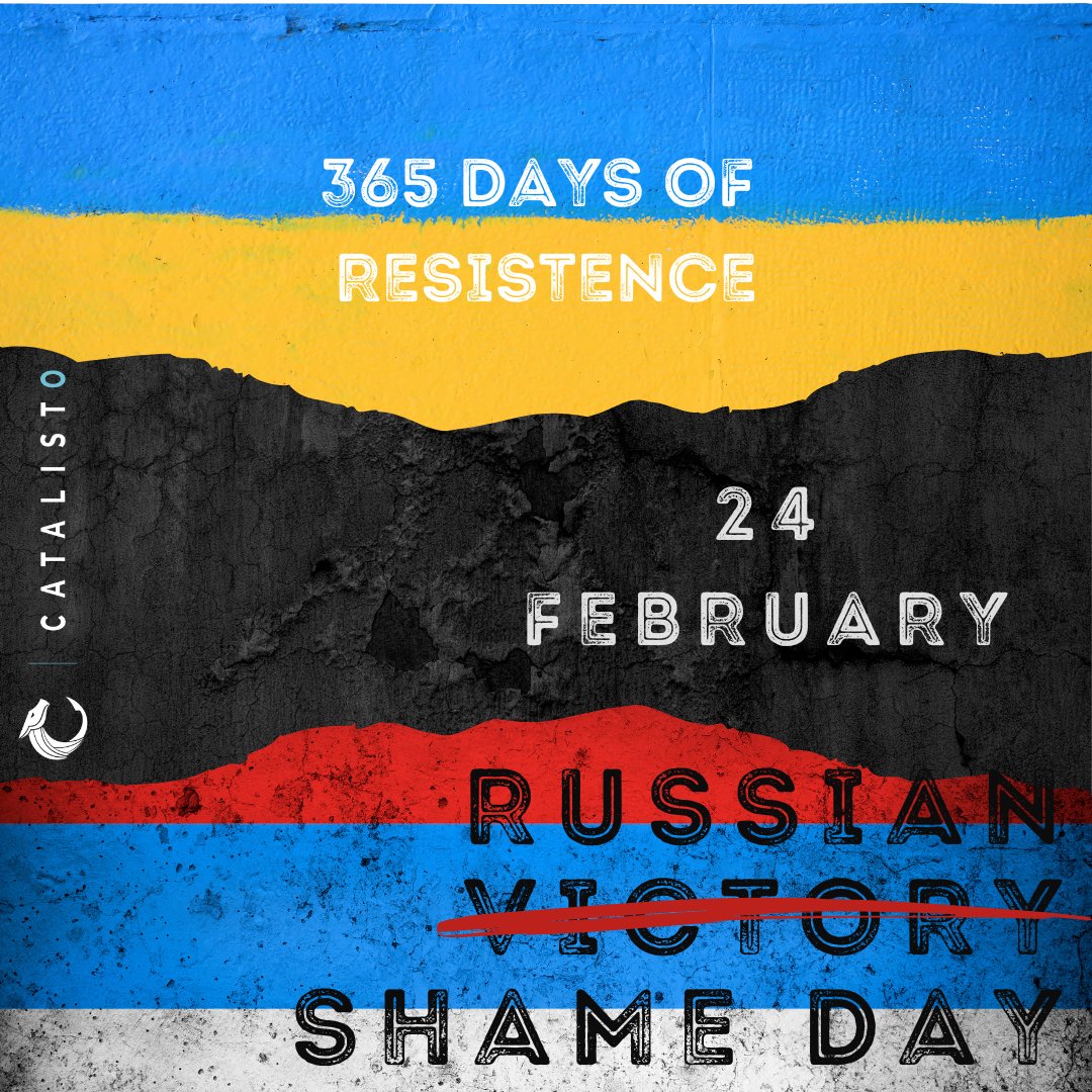 Catalisto1's tweet photo. 1 year ago today, Russia launched a brutal and illegal invasion of Ukraine, violating its sovereignty and territorial integrity. 1 year of war, violence, and displacement but also of courage, resilience &amp; solidarity. #RussianShameDay #wesupportukraine #shameonRussia #Russiagetout https://t.co/EMZXAv6rbZ