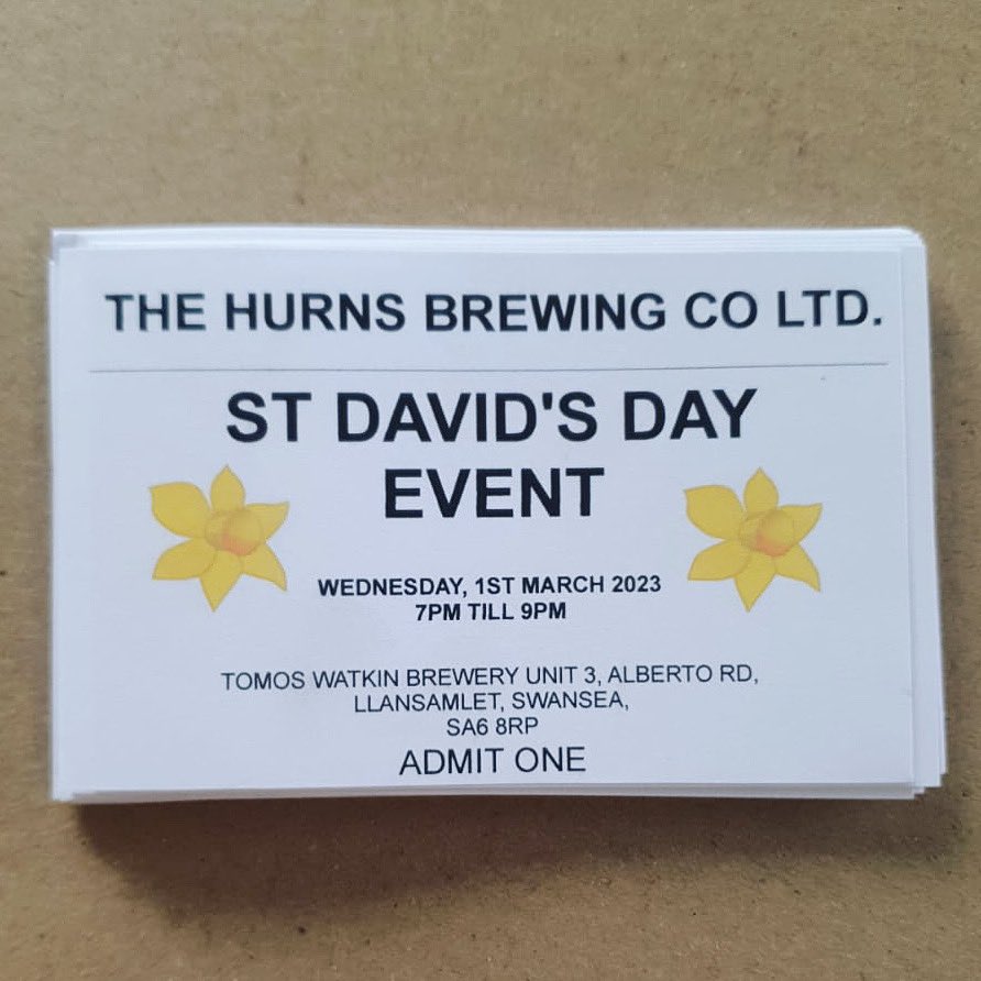 You can now purchase tickets to our St. David’s Day Celebration in our brewery shop &amp; @hurnsbeerco Swansea depot. Tickets are just £5!

Don’t forget you can also still buy tickets online here &gt; eventbrite.com/e/st-davids-da… Don’t miss out! #TomosWatkin #StDavidsDay #party