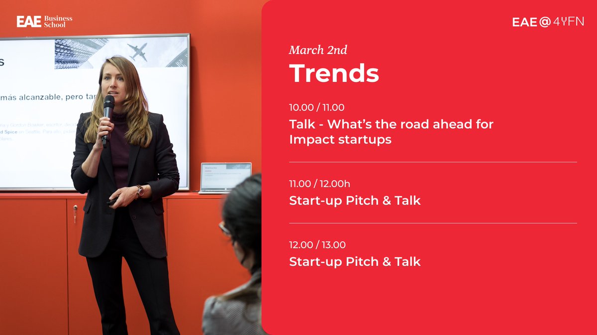 EAE_B_School's tweet photo. 4 days of innovation and #entrepreneurship. 💡
Come and enjoy with us at @4YFN, stand 8.1. 
Discover our agenda! ⬇️ https://t.co/g7UpqWso9b