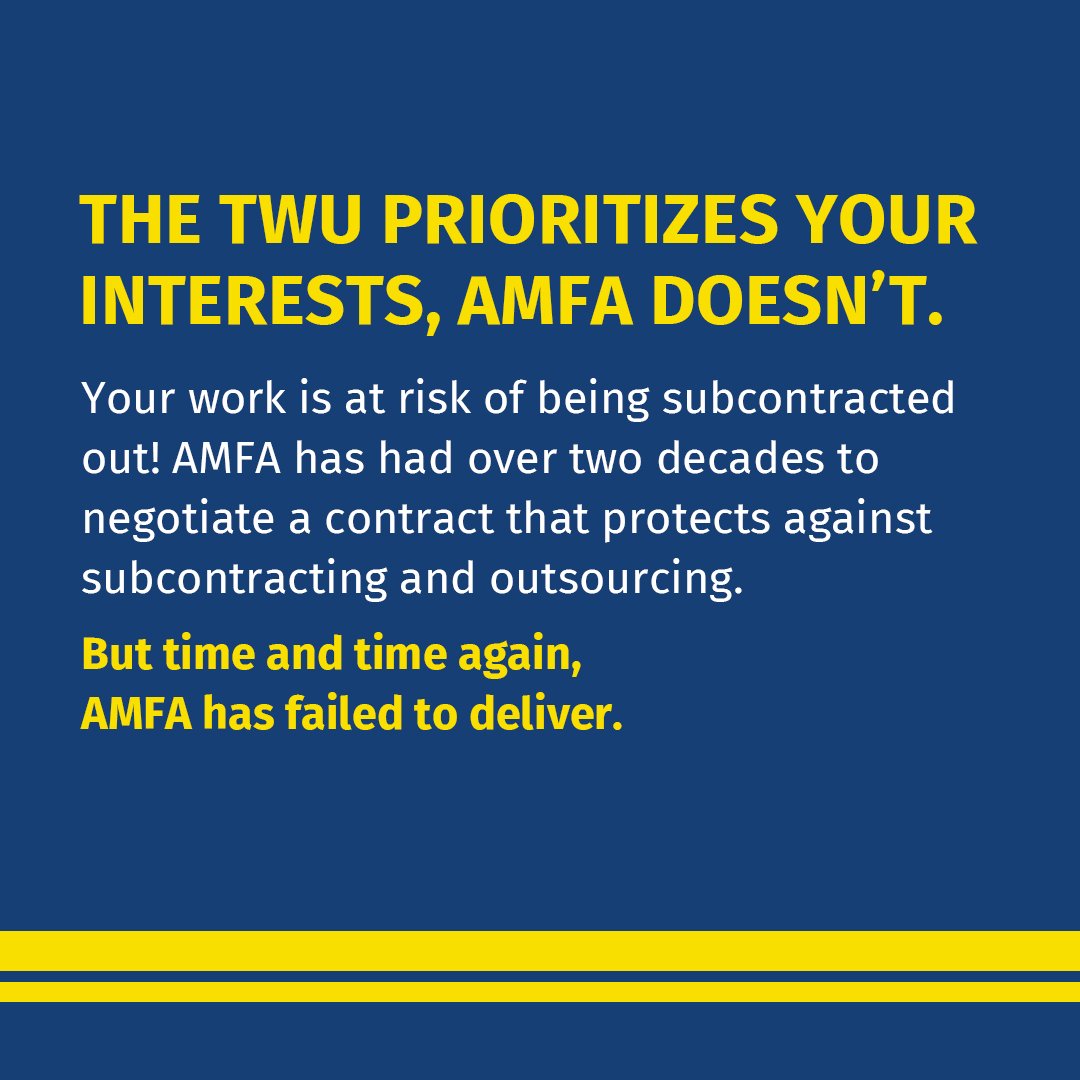 SWA4TWU's tweet photo. AMFA had more than two decades to negotiate a contract that protects you from subcontracting and outsourcing, but they failed.

You deserve to be represented by the TWU, the only airline union that has successfully rolled back outsourcing. https://t.co/nDqBdJxa1j