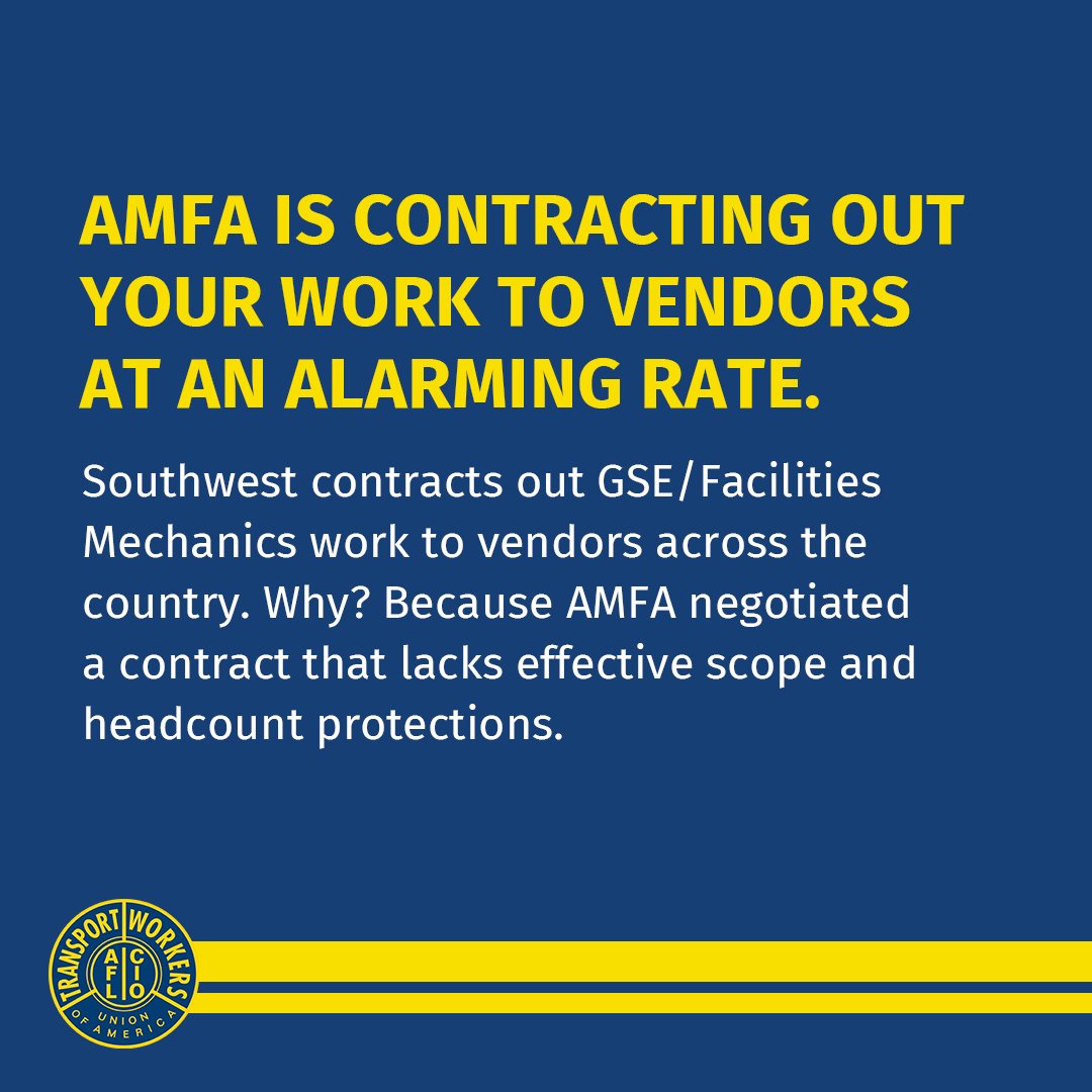 SWA4TWU's tweet photo. AMFA had more than two decades to negotiate a contract that protects you from subcontracting and outsourcing, but they failed.

You deserve to be represented by the TWU, the only airline union that has successfully rolled back outsourcing. https://t.co/nDqBdJxa1j