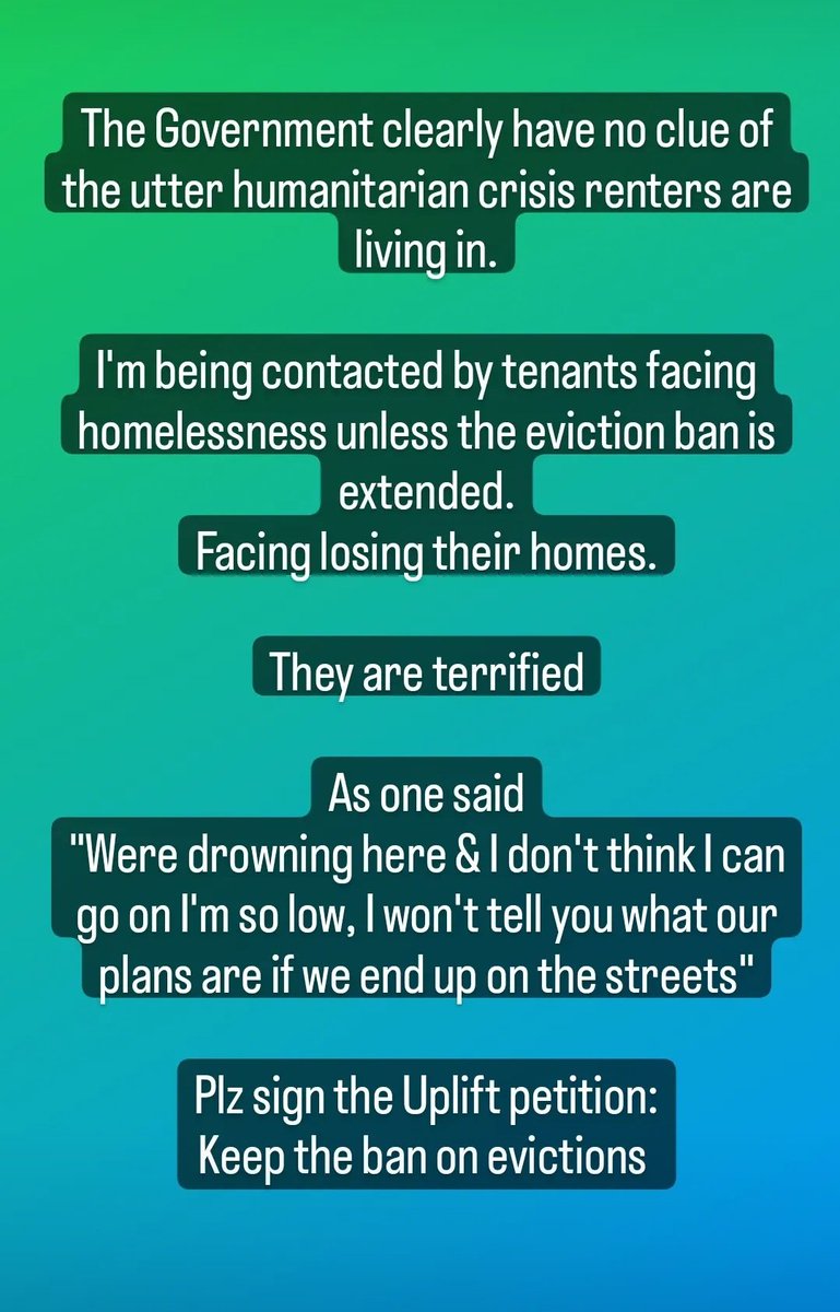 I'm being contacted by tenants facing homelessness unless the eviction ban is extended
They are terrified
"Were drowning here &amp; I don't think I can go on I'm so low, I won't tell you what our plans are if we end up on the streets"
Sign the petition:
my.uplift.ie/petitions/keep…