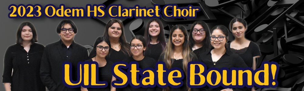 Odem HS Band (@thespiritofohs) on Twitter photo Congrats to Odem HS Clarinet Choir Members!!! UIL State Bound! Aylin Almendarez, Savannah Beltran, Ricardo Bravo, Irma Coronado, Emma Doria, Abigael Ferguson, Lillan Kiefer, Vanessa Sauceda, Justin Andrade, Aurora Garcia, Jovana Gomez, and Julissa Huerta <a href="/odemhs/">Odem High School</a> <a href="/OeisdO/">OEISD Communications Officer</a> Congrats to Odem HS Clarinet Choir Members!!! UIL State Bound! Aylin Almendarez, Savannah Beltran, Ricardo Bravo, Irma Coronado, Emma Doria, Abigael Ferguson, Lillan Kiefer, Vanessa Sauceda, Justin Andrade, Aurora Garcia, Jovana Gomez, and Julissa Huerta <a href="/odemhs/">Odem High School</a> <a href="/OeisdO/">OEISD Communications Officer</a>