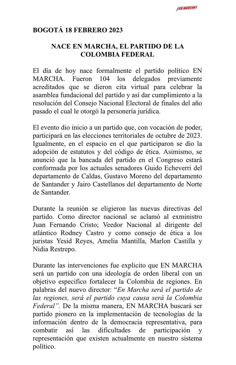 SomosEnMarchaV's tweet photo. Nace En Marcha, el partido de la Colombia Federal.
@CristoBustos
@SomosEnMarcha
🇨🇴 #enmarcha #colombiafederal #losfederales #Colombia #nacion #ultimahoracol #noticia https://t.co/lkAp8koAh8