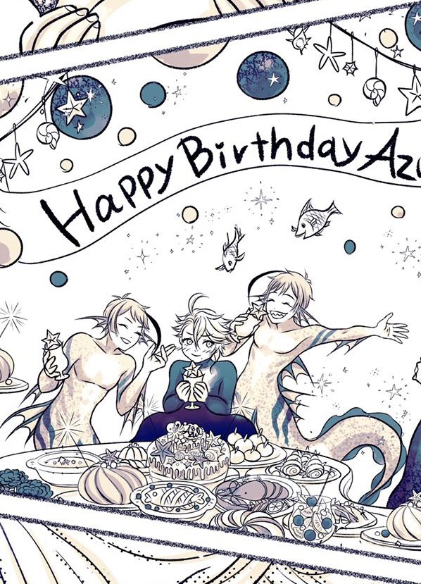 つぶれちゃったのでおまけ✨

←🐚お誕生日のごちそう🐙
🪸珊瑚のケーキ🎂
🌿海藻のゼリー寄せ
🌊深海スープ
🌟虹色パフェetc.

→🐚ママとパパとおばあちゃん👵
パパは厨房に入る仕事じゃないけど、この日はサプライズでキッチンスタッフになってアズールを驚かせた🍳 