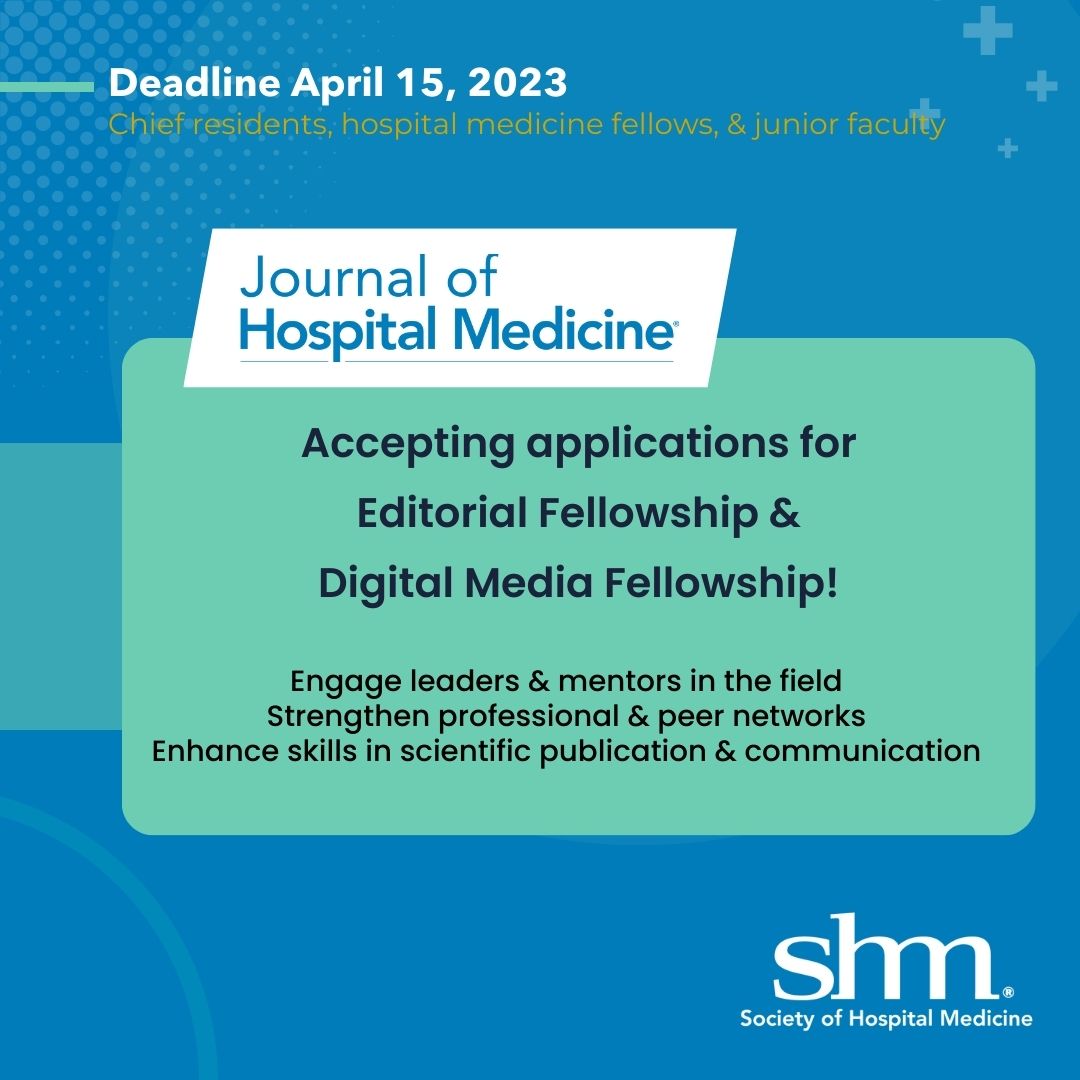 Journal of Hospital Medicine (@jhospmedicine) on Twitter photo 📣 Accepting applications for the next class of Editorial & Digital Media Fellows!
✔️ a Chief Resident, Hospital Medicine Fellow or junior faculty member?
✔️ looking to advance your academic hospital medicine career?
✔️ seeking mentorship and learning?
…mpublications.onlinelibrary.wiley.com/hub/journal/15… 📣 Accepting applications for the next class of Editorial & Digital Media Fellows!
✔️ a Chief Resident, Hospital Medicine Fellow or junior faculty member?
✔️ looking to advance your academic hospital medicine career?
✔️ seeking mentorship and learning?
…mpublications.onlinelibrary.wiley.com/hub/journal/15…