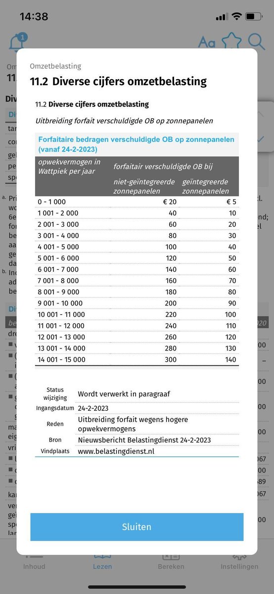 De tabel met forfaitair aan te geven btw voor zonnepanelen is uitgebreid naar 15000 Wattpiek. De tabel staat onder Wijzigingen in de Fiscaal Memo App.