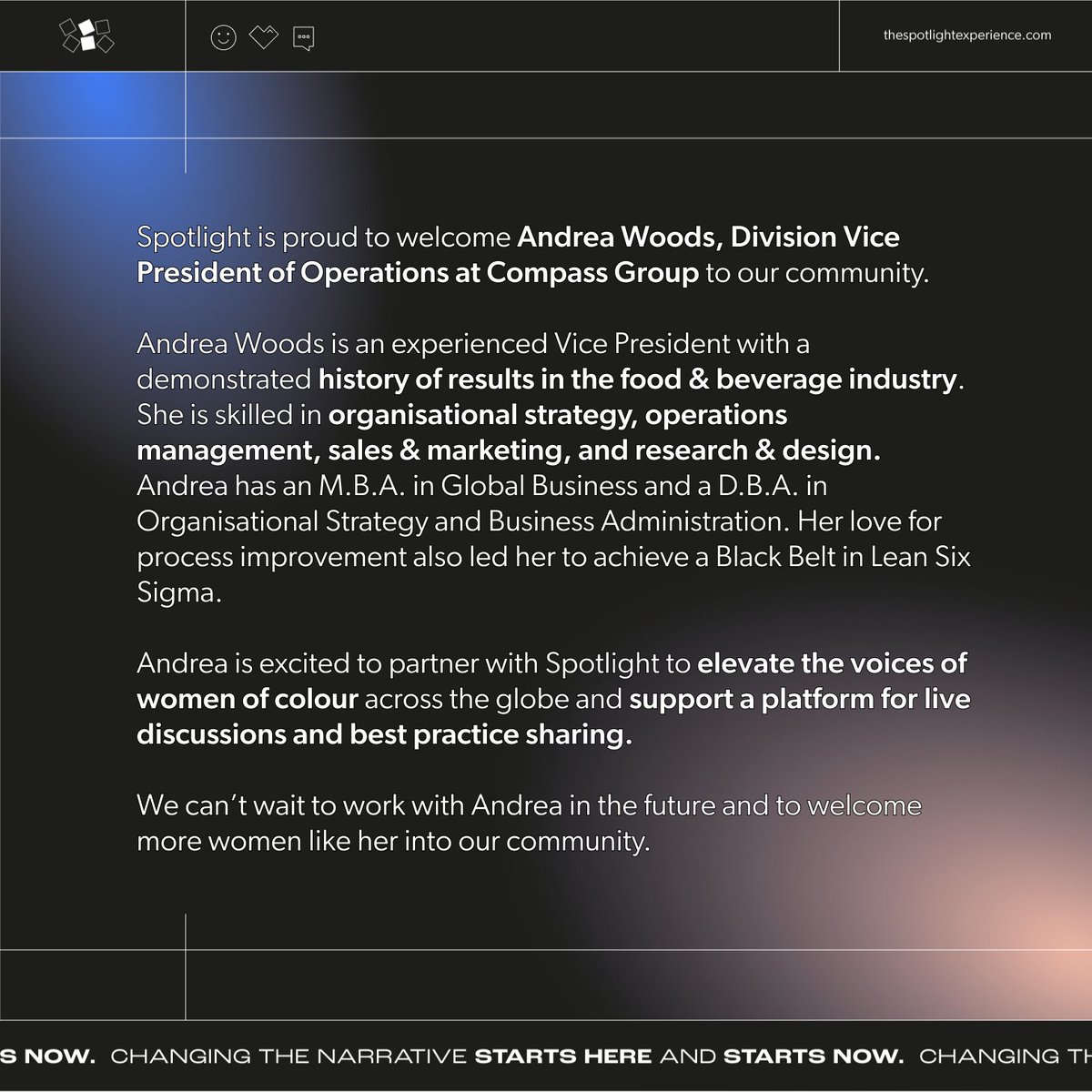 thepanelle's tweet photo. Joining the Spotlight community today we have Andrea Woods, Division Vice President of Operations at Compass Group. Thank you for joining us, Andrea!

#womanempowerment #womeninbusiness #womenempoweringwomxn #spotlightcommunity #bethechange #wearethechange #womenindigital https://t.co/p81E5c4Eov