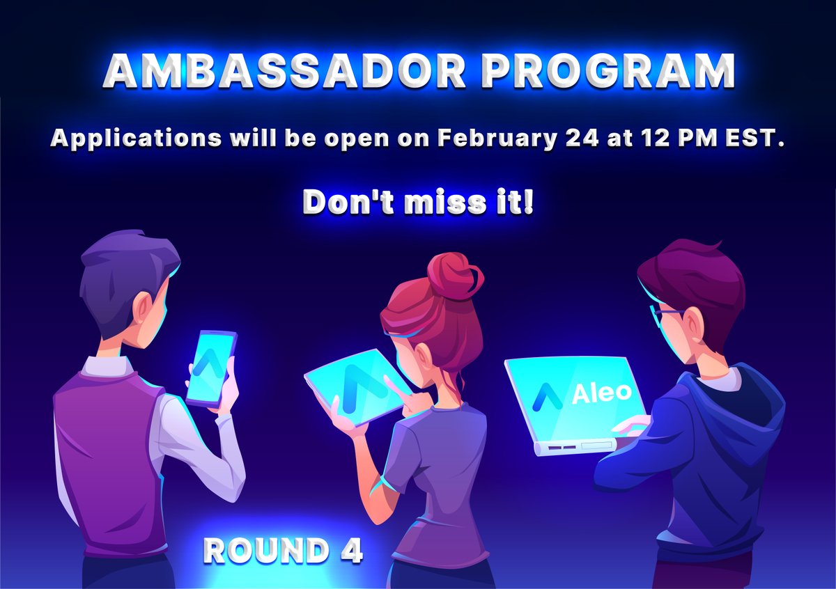 1/2
Ambassador applications in <a href="/AleoHQ/">Aleo</a> open today!!!
The form will close as soon as 1000-1500 applications are received, so hurry up! ⌛️

Good luck everyone! 🙌

@aleocommunity <a href="/aleofans/">Aleo Fans</a>