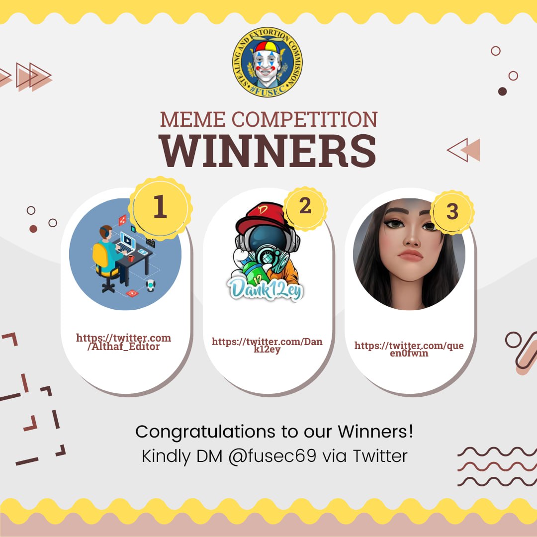 FUSEC69's tweet photo. Congratulations to the meme contest winners!  Please DM your wallets for your prize! https://t.co/2tgZaGyFr0