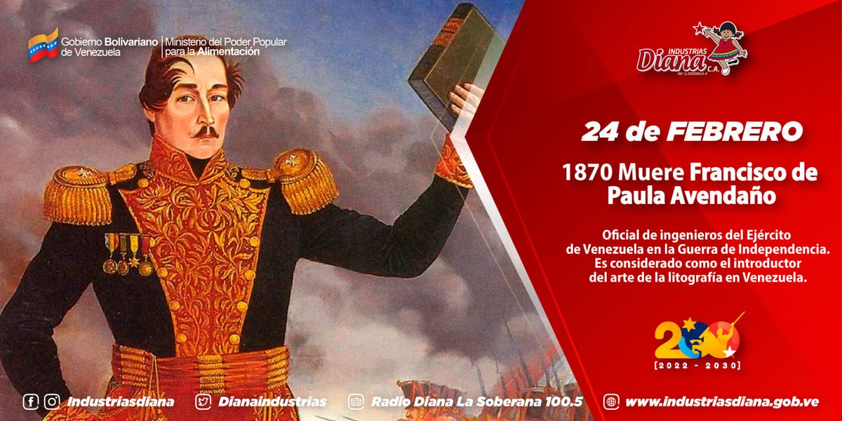 #24Feb | #Efemérides📅
Es considerado como el introductor del arte de la litografía en Venezuela, además de ser Oficial de Ingenieros del Ejército de Venezuela en la Guerra de Independencia. #TalDiaComoHoy muere Francisco de Paula Avendaño 
#SancionesAsesinas