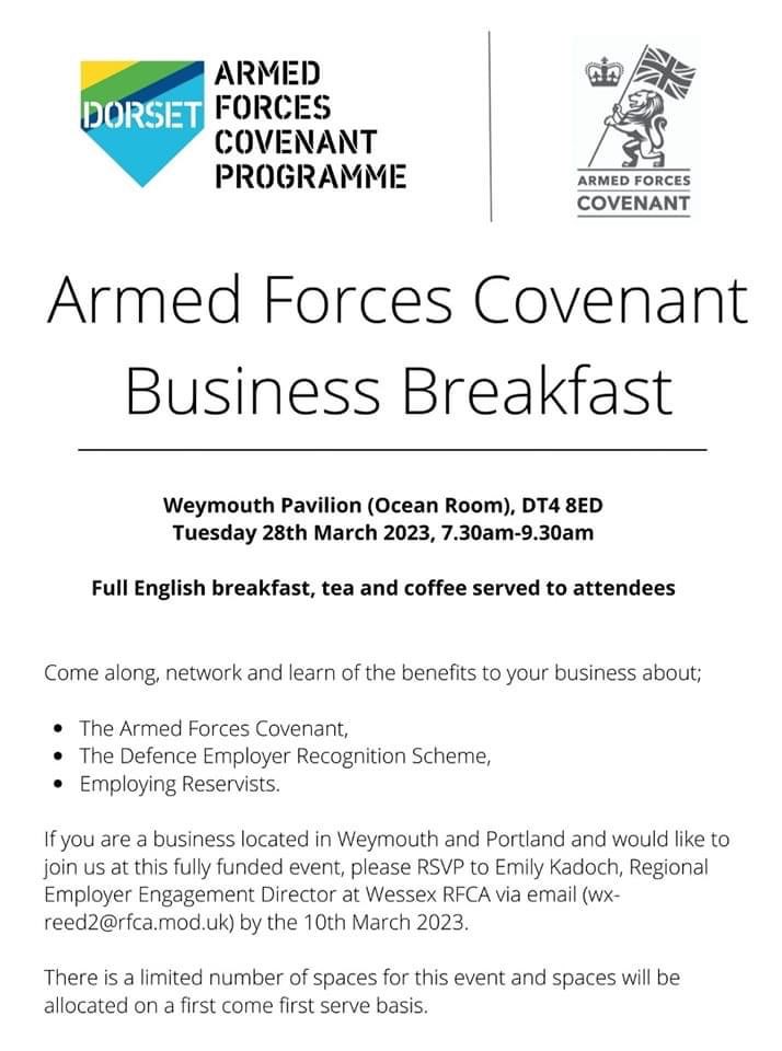 Please share this opportunity to network and learn about the Armed Forces Covenant, hosted by colleagues at @WRFCA 
@NHSDorset @WeyandPortPCN @DCHFT @DorsetGPA @HealthyDorset @NHSEArmedForces @NHSArmedForces @NHSVeteranAware @DorsetHealth @helpandkindness @dorsetca
