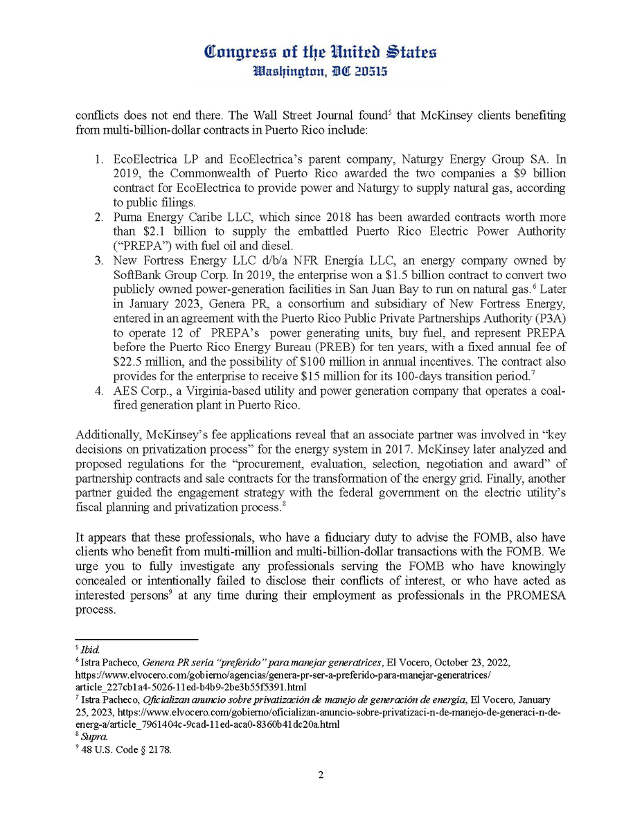 NydiaVelazquez's tweet photo. PRRADA has revealed many conflicts of interest among FOMB advisors in Puerto Rico, like @McKinsey.
 
PR taxpayers are expected to pay over $1.6B to advisors by FY26.
 
Today, @RepRaulGrijalva and I are calling on DOJ to crack down on these conflicts and hold advisors accountable. https://t.co/ZhkMy9Zqgg