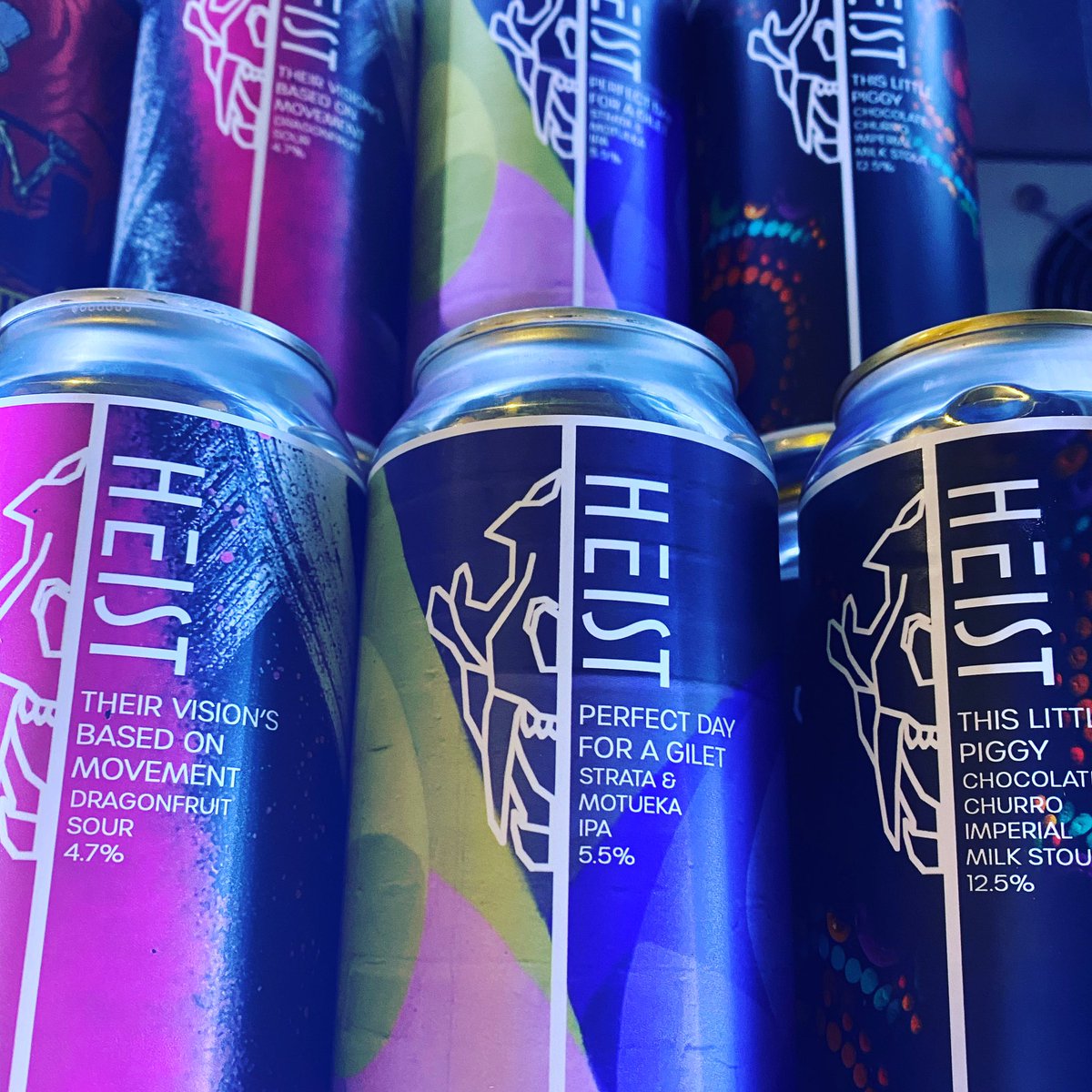 HopHideout's tweet photo. A trio of fresh local @HeistBrew in the fridges โ๏ธ with a bright hued purple dragonfruit sour, a Strata & Motueka IPA, plus a big 12.5% chocolate, churro imperial milk stout #oooooof https://t.co/bNojdtcBnn