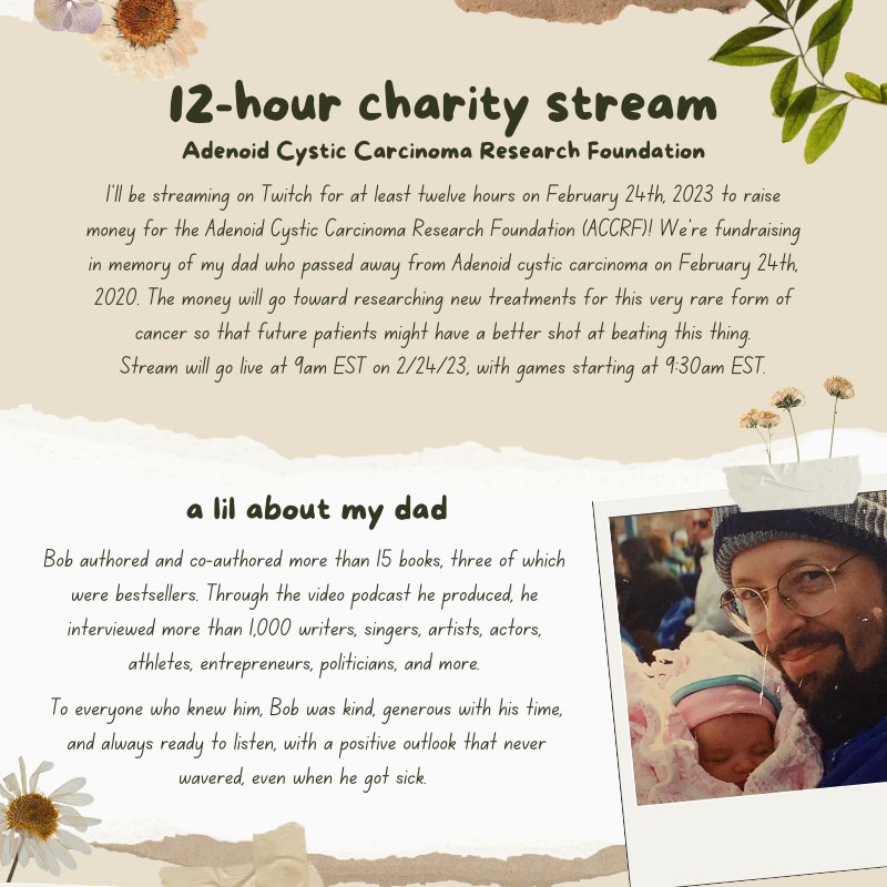 xavcharlie's tweet photo. ‼️ ATTN: STREAMING FOR CANCER RESEARCH ‼️

Officially live for the next 12 hours to raise money for @accrf_org in memory of my dad, who passed away from Adenoid cystic carcinoma on this day three years ago. Come enjoy your breakfast/coffee before the games start at 9:30am EST! https://t.co/CtHqjEF6gT