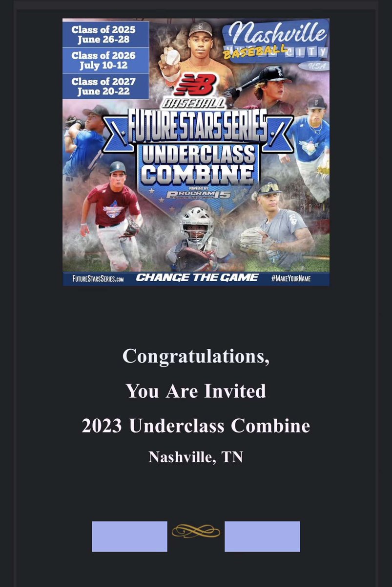 I am very excited to have received this invite from the 2023 Underclass Combine. Can’t wait for Nashville! @ff_catching @SheafferDanny @ftrstarsseries @chriscapozzi5 @_JeremyBooth @GATAElite15u @ByrdBaseballJT