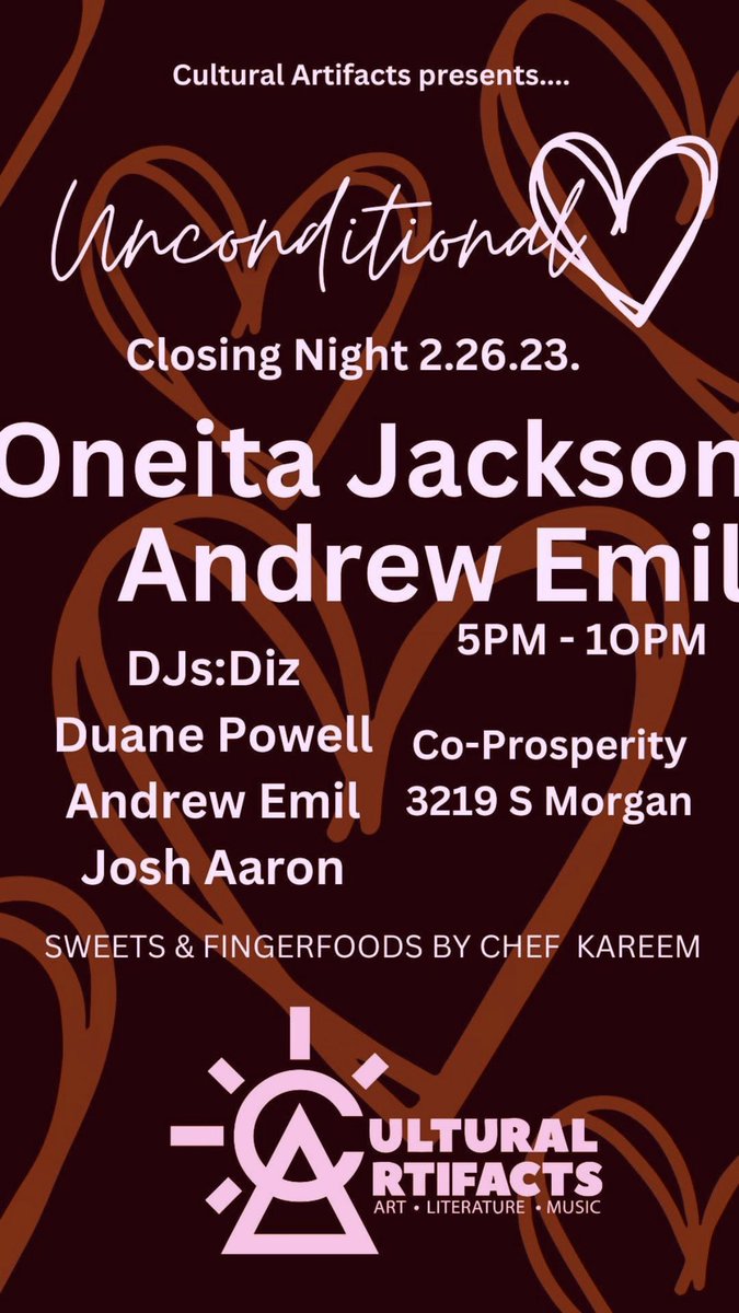 oneitadetroit's tweet photo. UNCONDITIONAL LOVE, CHICAGO: closes 2/26. 5 pm - 10 pm Co-Prosperity Sphere. #unconditionallove #andrewemil #changerequest #howardbailey #culturalartifacts #thelovemovement2023 #oneitajackson #chicago #orthographicart #djduanepowell #djjoshaaron #coprosperitysphere #chefkareem https://t.co/xw199vP1Ms