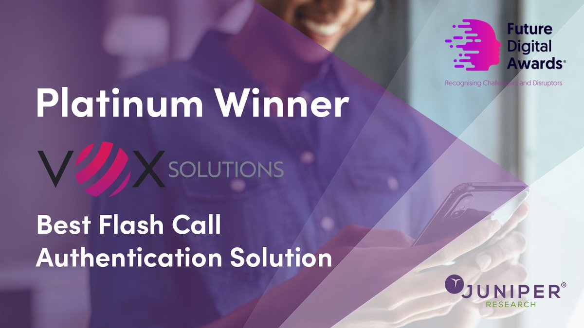 Juniper Research is proud to present @VoxCarrier with two awards at the Future Digital Awards for Telco Innovation 2023!

🟣 Platinum Prize for Best Flash Call Authentication Solution

🟣 Industry Mover &amp; Shaker Award for CEO &amp; Founder Ehsan Ahmadi

juniperresearch.com/pressreleases/…