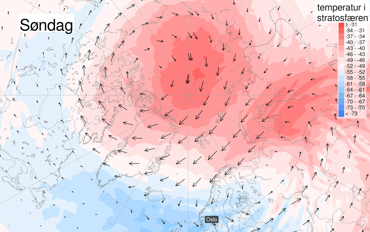 Har du høyrd om brå stratosfærisk oppvarming? Av og til om vinteren kan stratosfæren bli oppvarma så raskt at vinden vil snu frå vest til aust 🔄 Dette går no føre seg og vil truleg påverke vêret i mars. Typisk gir ein slik situasjon kald luft frå aust over Europa 🌬️❄️