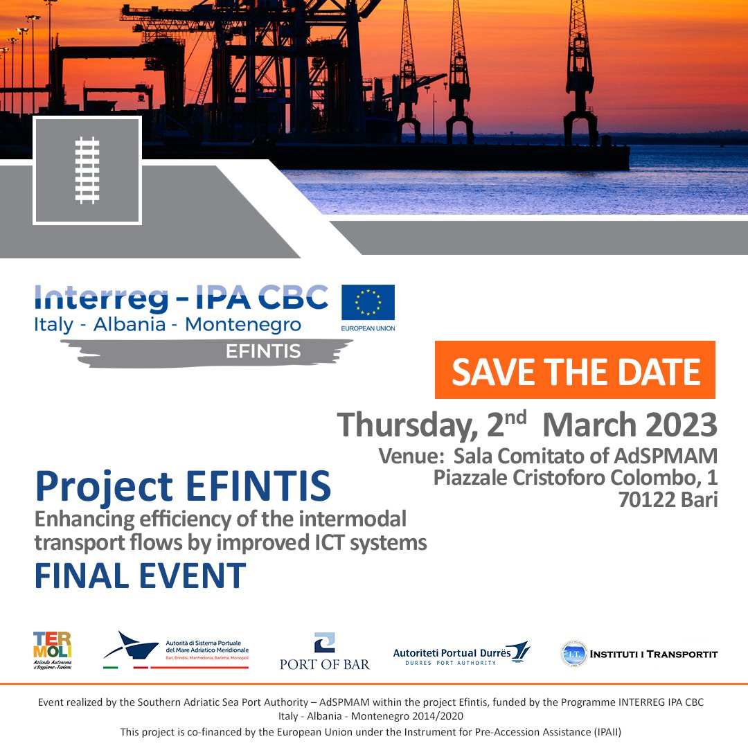 project_efintis's tweet photo. 📍���️SAVE THE DATE‼️

#EFINTIS Final conference in Bari ⏳📰👍🤝⬇️

🇪🇺

🇮🇹🇦🇱🇲🇪

#Interreg #ITALME #2023 #Finalconference #SaveTheDate #EUprojects #Italy #Albania #Montenegro https://t.co/lVhVAf8yYK