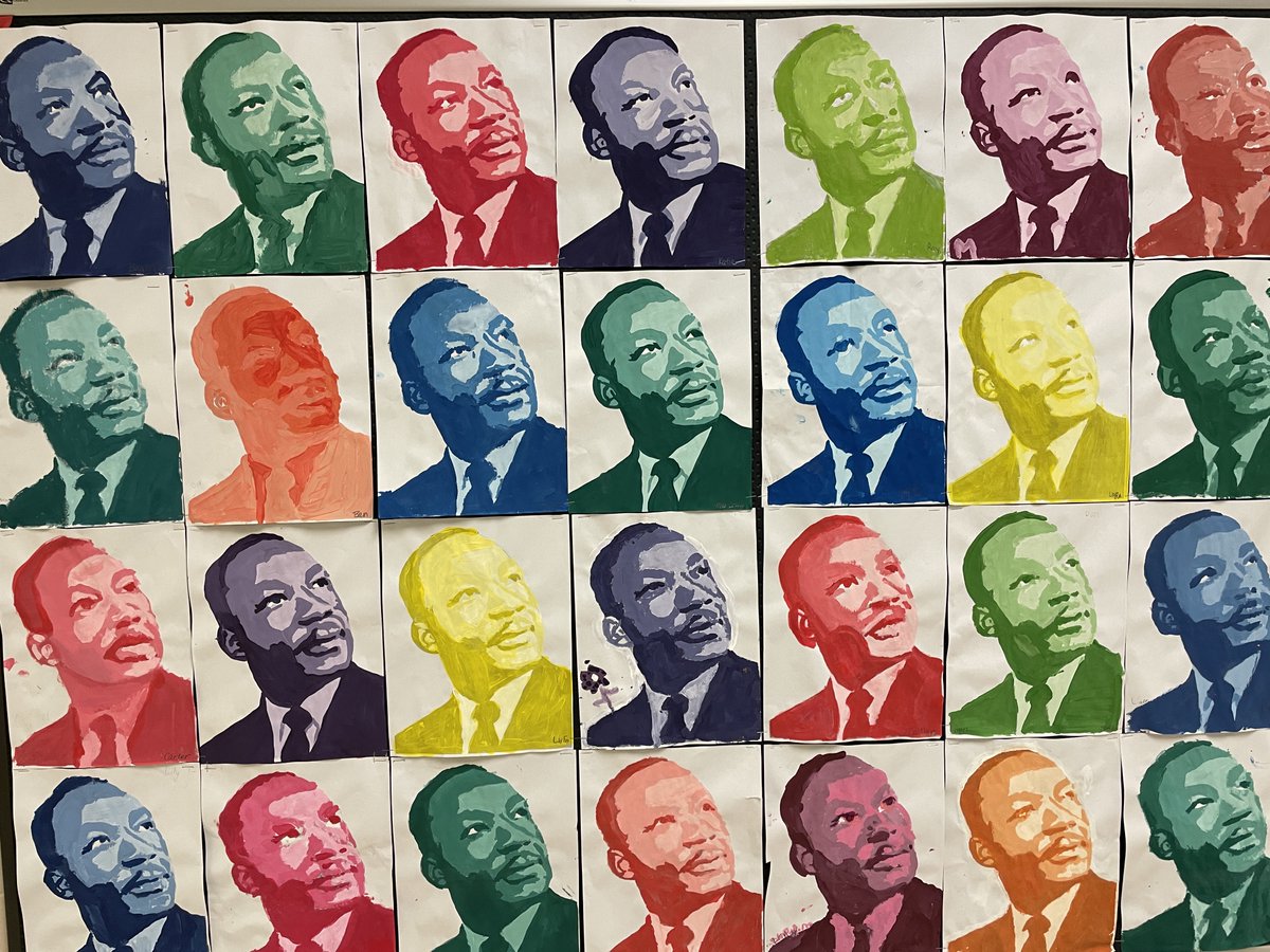 JamestownSchool's tweet photo. Students at #Jefferson Middle School did an incredible job painting these creative portraits of Dr. Martin Luther King, Jr. in honor of his birthday in January and #BlackHistoryMonth throughout February! #JPSNY #JPSArt #ArtMatters https://t.co/HI00Z9gaZB