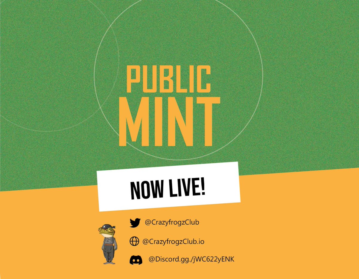 Heyo Frogz!! 🐸
Public Mint is still live!!🚀

Still a great time to mint your favourite CrazyFrogz NFT😁

LFG Frogz! 🔝🚀

#NFTmint #NFTCommunity #EthereumNFT