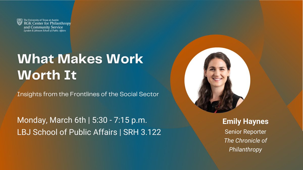 RGK Center for Philanthropy & Community Service (@rgk_center) on Twitter photo Join us on Monday, March 6th for a conversation with Emily Haynes, senior reporter at The Chronicle of Philanthropy, to discuss her reporting on how to make careers in the social sector more equitable and rewarding. Register here: bit.ly/3xDoWni <a href="/TheLBJSchool/">The LBJ School</a> Join us on Monday, March 6th for a conversation with Emily Haynes, senior reporter at The Chronicle of Philanthropy, to discuss her reporting on how to make careers in the social sector more equitable and rewarding. Register here: bit.ly/3xDoWni <a href="/TheLBJSchool/">The LBJ School</a>