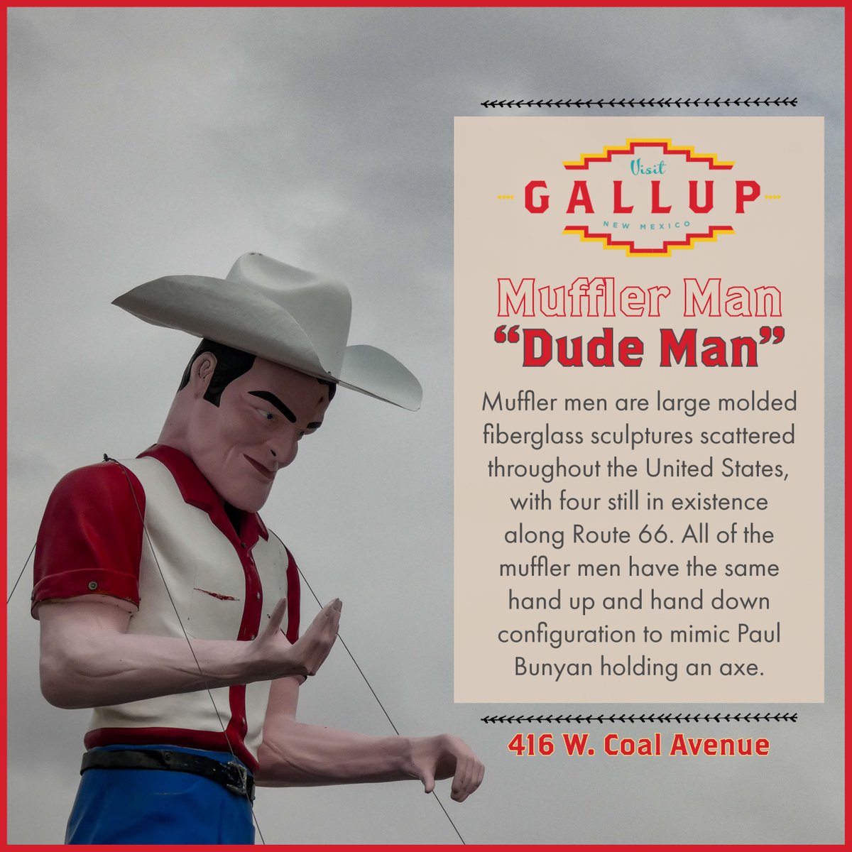 VisitGallup's tweet photo. One of the few remaining Muffler men keeps an eye on downtown #Gallup. 😅

#roadtrip #Route66 #localicons #vintage #travel #NewMexico #VisitGallup #roadsideoddities #ipulledoverforthis https://t.co/OiWp5BLBBz