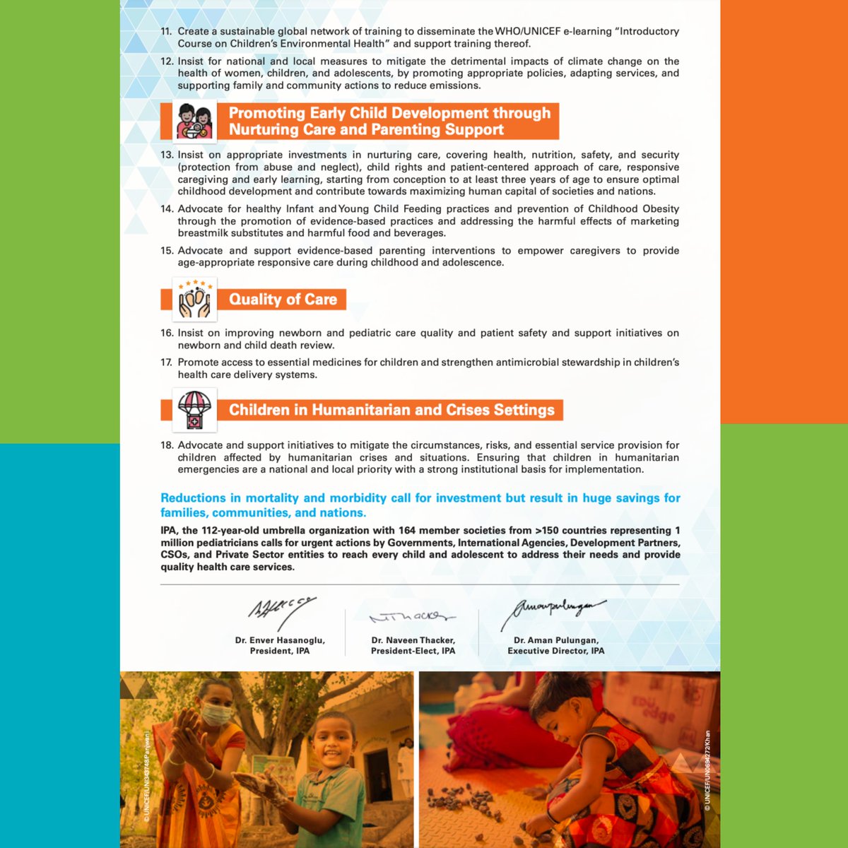 On the occasion of our 30th IPA Congress, IPA & its member societies call for urgent action by governments, international agencies, development partners, Civil Society Organizations (CSOs), private sector to address the needs of children and adolescents and to make