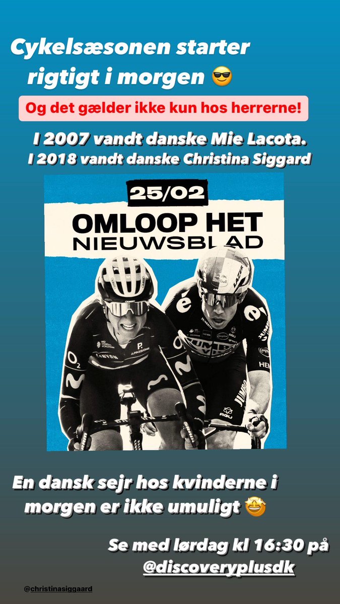 schmidt_trine's tweet photo. Husk at det ikke kun er mændende som kører Omloop het Niewsblaad i morgen lørdag. Når herrerne går i mål, så tager kvinderne over. Se med på @dplus_sportDK fra kl 16.30 https://t.co/8UKEnwEzJn