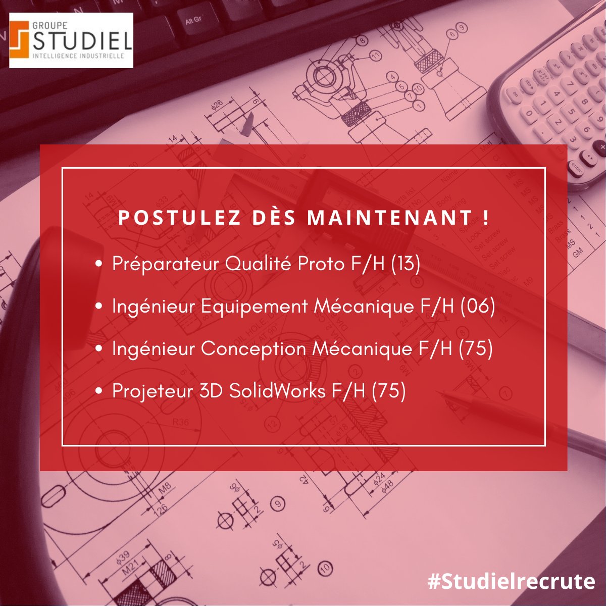 Vous disposez d’un diplôme spécialisé dans la mécanique d’ingénierie ? De BAC+2 à BAC+5, découvrez nos postes dans ce domaine.
Vous pouvez en savoir plus ici : lnkd.in/dgTuyk7
Intéressé ? Envoyez votre candidature à recrutement@studielgroup.com

#Studielrecrute #mecanique