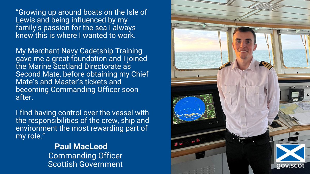 ScotGovMarine's tweet photo. Aged 27, Paul MacLeod became our youngest Commanding Officer

Since a child, Paul was interested in sea life which led to Merchant Navy Cadetship Training before joining the Marine Scotland Directorate

@mairigougeon has written to congratulate Paul on this impressive achievement https://t.co/0AeOoHhPVk