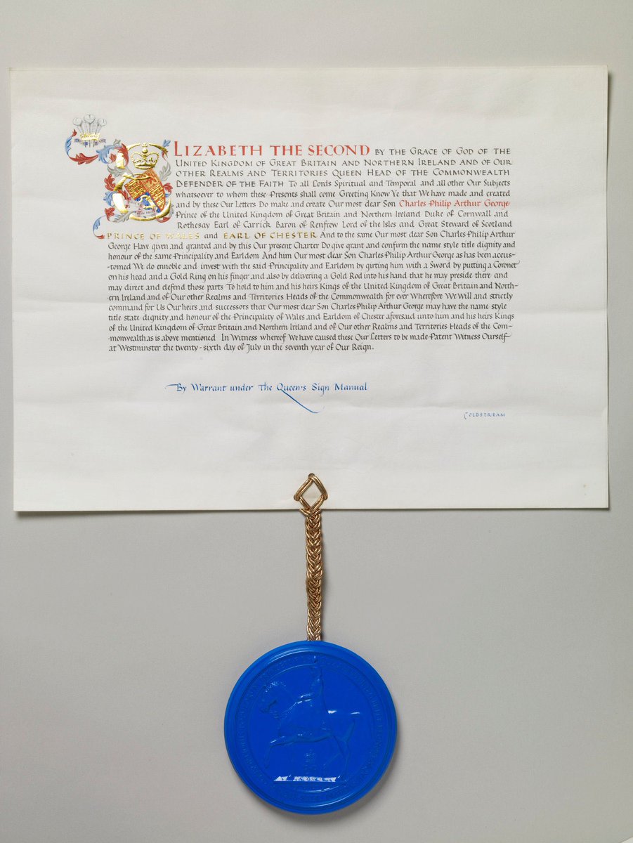 burgonsoc's tweet image. Letters Patent to create Charles III as Prince of Wales and Earl of Chester, 1958: 
rct.uk/collection/the…