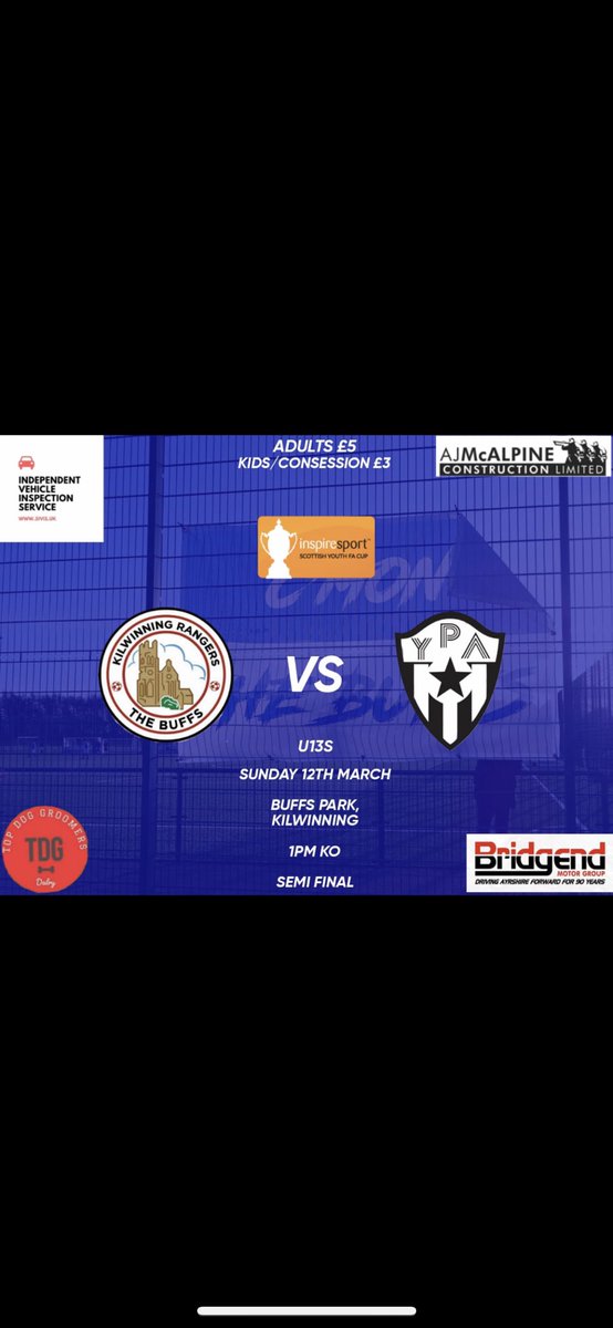 Get down to The Buffs Park, Kilwinning on Sunday 12th March for the U13 Scottish Cup Semi-Final 🏆 The support the team received in the quarter final was incredible so let’s get behind the boys and help them reach the final ⚽️