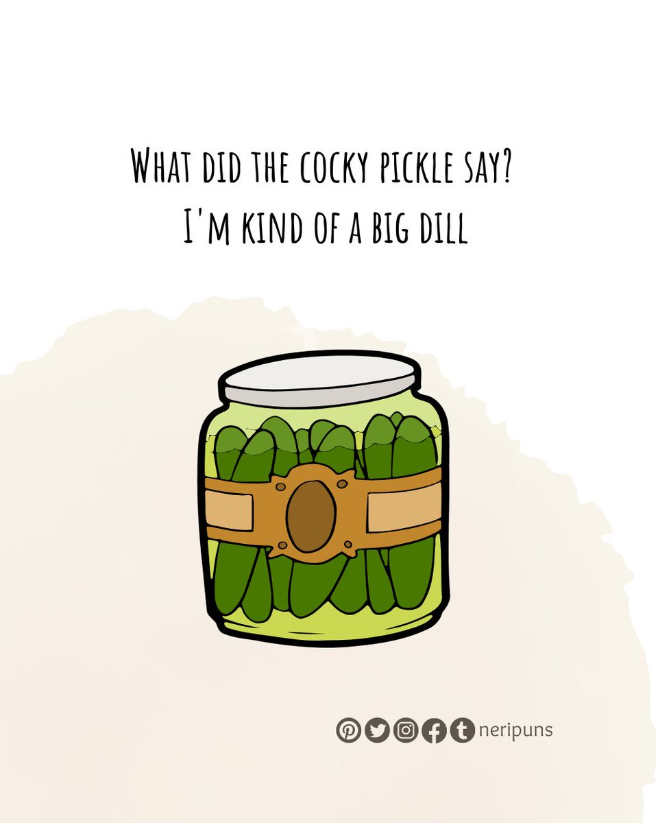 What did the cocky pickle say? 
I'm kind of a big dill
#puns #punquotes #wordpun #cutequote #funny #funnypun #funnyquote #wordplay #dailypun #punny #joke #dadjoke #funnydadjoke #stressbuster #foodpun #dill #picklepun