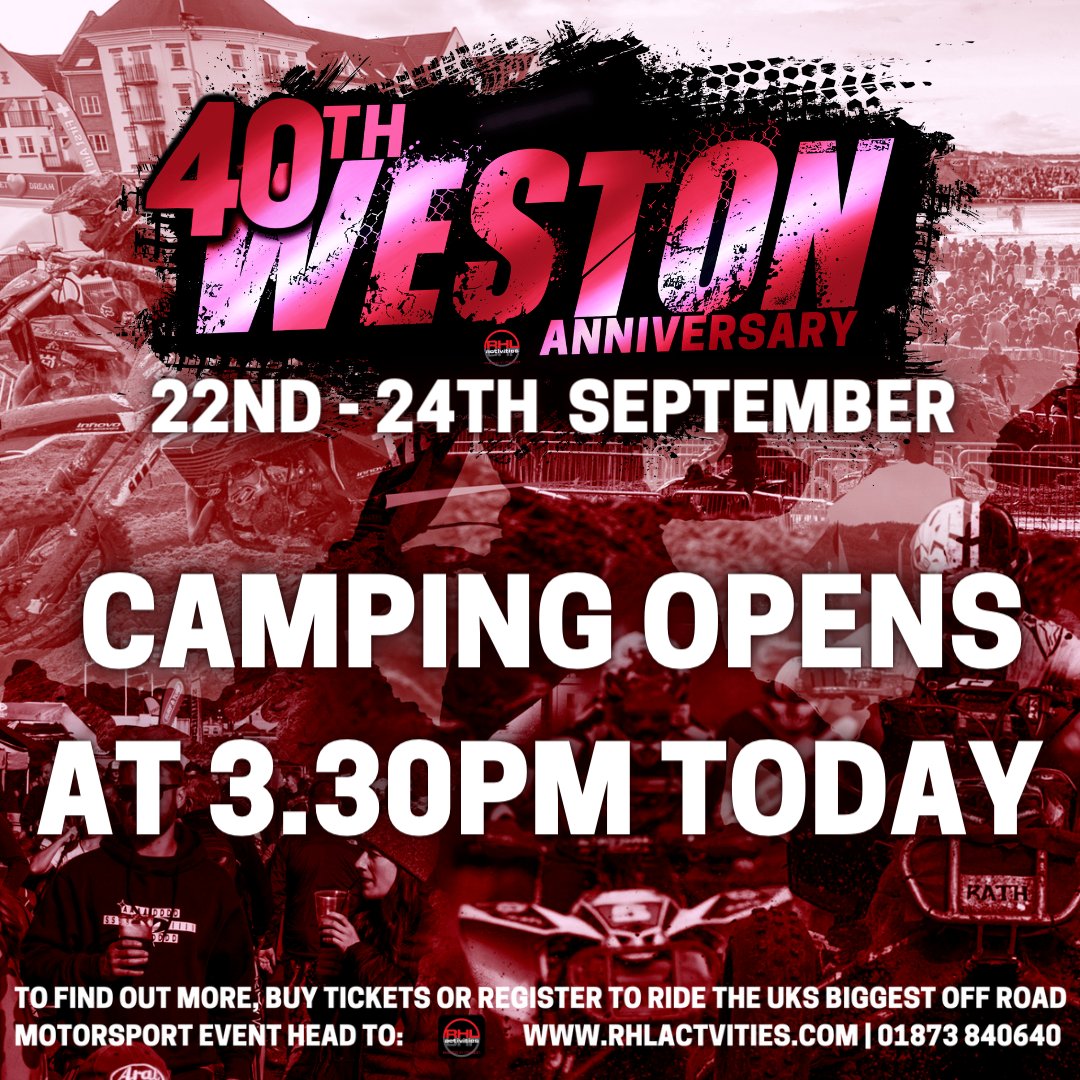 CAMPING OPENS TODAY AT 3.30PM

Please click the link below to find out more about camping at this years event before contacting the office

rhlactivities.com/events/weston-…

#WBR #WBR23 #WBR40th #WestonBeachRace #BeachRace #SandRace #Dirtbikes #Offroad #Motorsport #Festival #RHLActivities