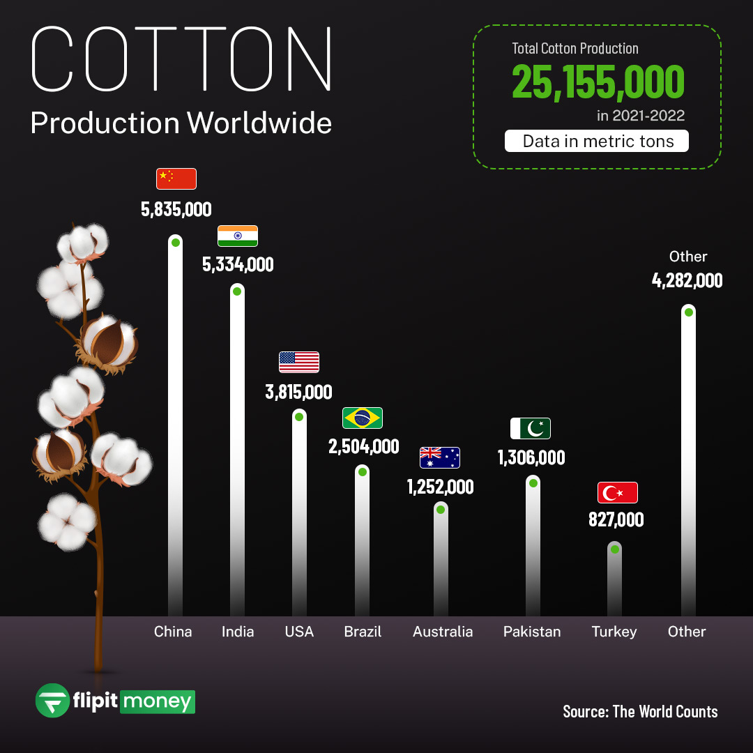 flipitmoney's tweet photo. From Field to Fashion: The Leading Cotton Producers of the World 🌿👕💫 Our latest infographic showcases the countries that make it all possible. 

#CottonIndustry #SustainableSourcing #FashionSupplyChain #flipitmoney #flipitpro https://t.co/RcImS4Gwfr