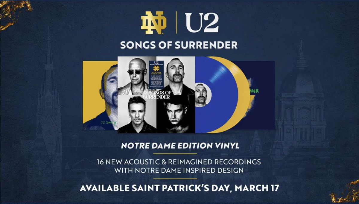 NotreDame's tweet photo. It just doesn’t get more Irish than @NotreDame and @U2.

Learn more about @U2’s limited-edition, Notre Dame-themed vinyl of the Irish rock band’s new album, Songs of Surrender: https://t.co/HLgW0o77r7

#GoIrish https://t.co/px73tV7ujS
