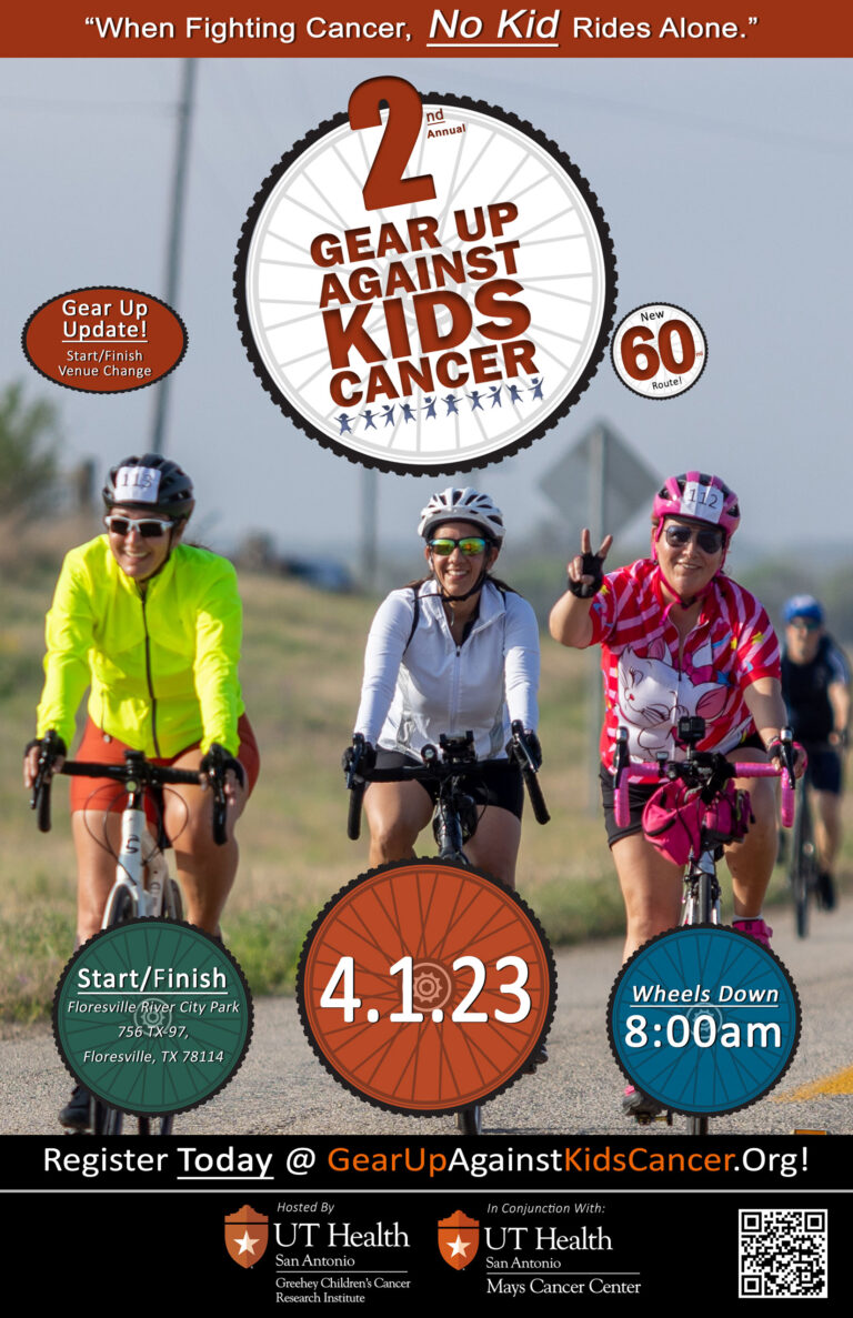 When fighting cancer, NO KID rides alone.  

Sign up for the #2ndAnnual, Gear Up Against Kids Cancer, April 1, 2023 - mailchi.mp/uthscsa/gear-u…

#Kids #ChildhoodCancer #Research #Hope #Cure