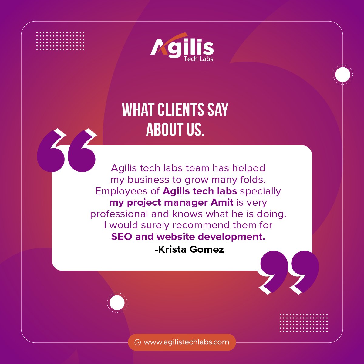 AgilisTechLab's tweet image. #Agilistechlabs team has helped my business to grow many folds. Employees of Agilis tech labs specially my project manager Amit is very professional and knows what he is doing. I would surely recommend them for SEO and website development. - Krista Gomez

 #Houston #texas