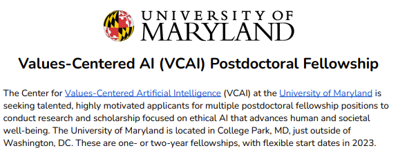 New postdoc opportunity in #hcai, people + AI, AI/ethics, and related topics!

We've got a new center at UMD on Values-Centered AI, and want *YOU* to apply for our postdoc position.

Deadline: Mar 31, 2023
Job ad: research.umd.edu/sites/default/…
App form: docs.google.com/forms/d/e/1FAI…

>