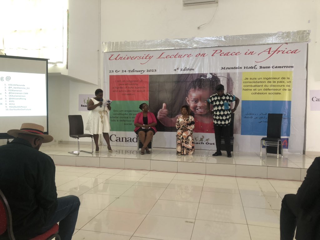 Reachoutreo's tweet photo. A panel discussion  to analyse the actions of youths people in #PeaceBuilding; opportunities, challenges &amp;.how youths get involve in politics. #IYPS @USEmbYaounde @CanadaCameroon @MarcusJDavies @UKinCameroon @P_VanDamme_EU
@gnwp_gnwp
@whatthewomensay 
@USEmbYaounde 
@wphfund https://t.co/hYBt70ZX5P