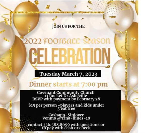 Join us for celebrating our 2022 football season Tuesday, March 7th at 7:00 PM at Covenant Community church

Information below: