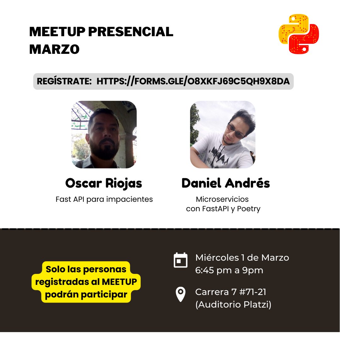 pythonbogota's tweet image. ¡NO TE QUEDES SIN PARTICIPAR!

Regístrate: forms.gle/o8XKfj69c5Qh9X…

El evento será el miércoles 1 de marzo 2023 a las 645pm en Platzi

Gracias a nuestros patrocinadores: @axiacore y @platzi