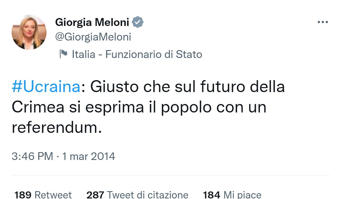 Chance News (@chancegardi) on Twitter photo Se il 1° marzo 2014 <a href="/GiorgiaMeloni/">Giorgia Meloni</a> si fosse distratta, comunichiamo l'esito dei referendum:
Crimea
16 marzo 2014, affluenza 84,2%:
95,32% per il ricongiungimento alla Russia.
Donetsk e Lugansk
11 maggio 2014, affluenza 71,77% e 81%:
79,07% e 86,02% per l'indipendenza. Se il 1° marzo 2014 <a href="/GiorgiaMeloni/">Giorgia Meloni</a> si fosse distratta, comunichiamo l'esito dei referendum:
Crimea
16 marzo 2014, affluenza 84,2%:
95,32% per il ricongiungimento alla Russia.
Donetsk e Lugansk
11 maggio 2014, affluenza 71,77% e 81%:
79,07% e 86,02% per l'indipendenza.